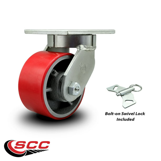 Service Caster Brand Extra Heavy Duty Kingpinless 6” x 3” Red Polyurethane Tread on Metal Core Swivel Caster with Brake 2,000 lbs/Caster 